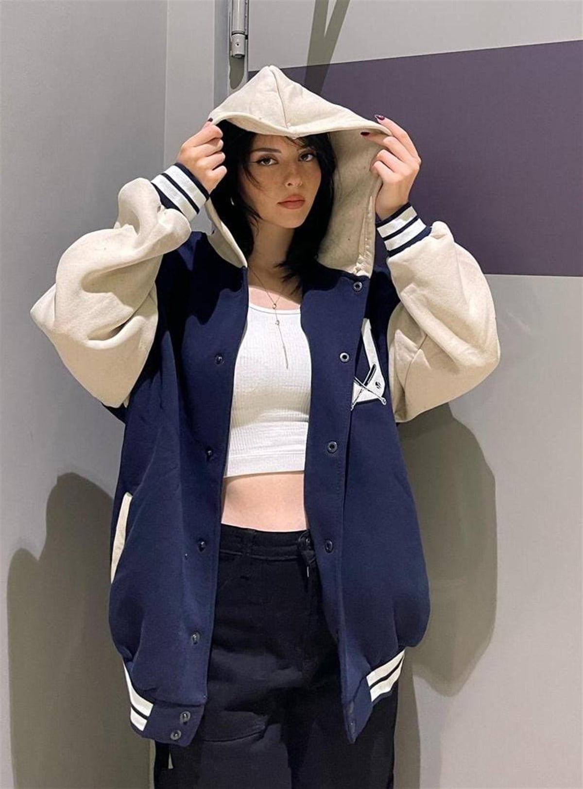 Lacivert Kapşonlu USA Unisex Oversize Kolej Ceket