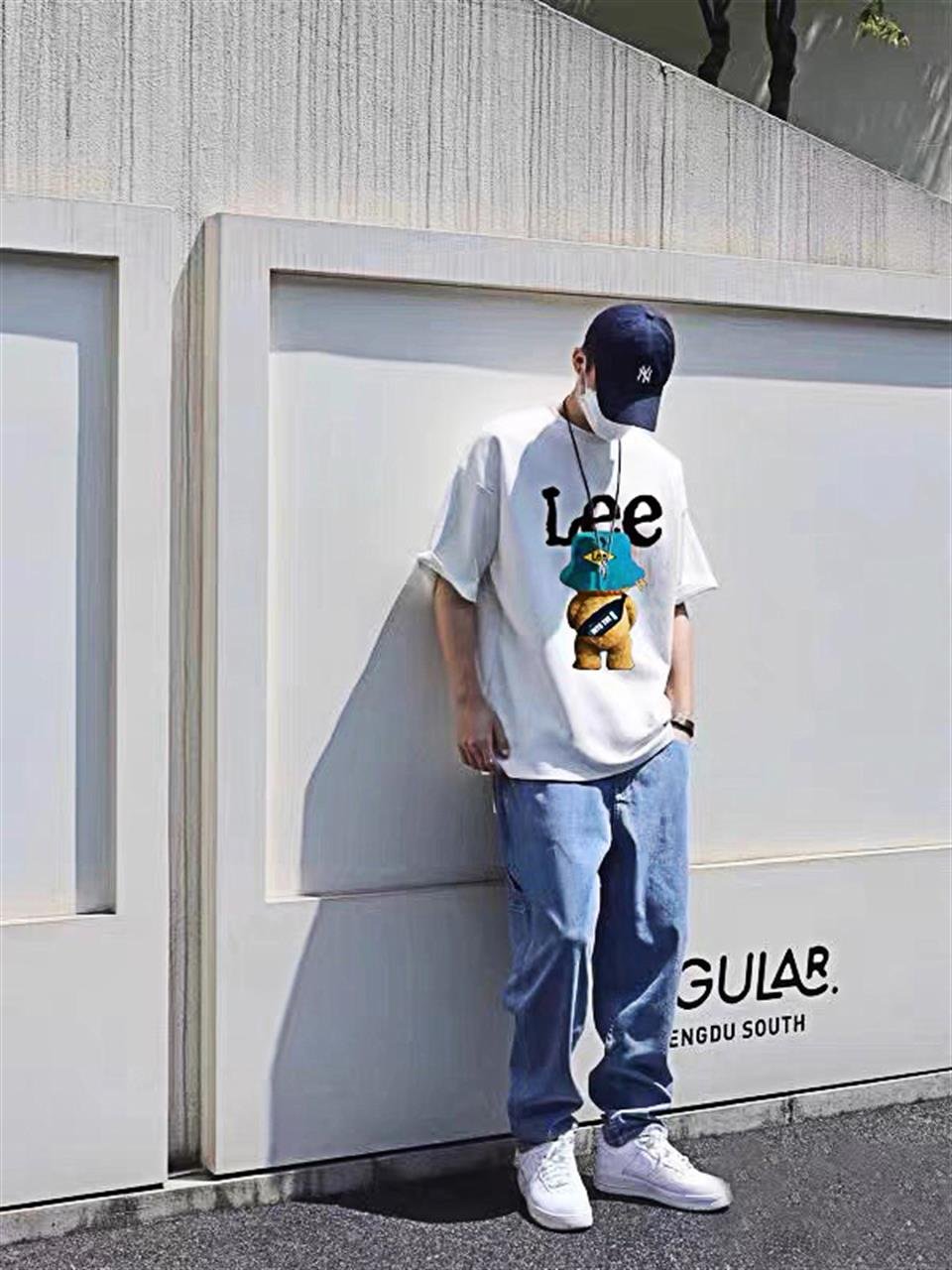 Lee Bear Baskılı Beyaz Unisex Oversize T-shirt