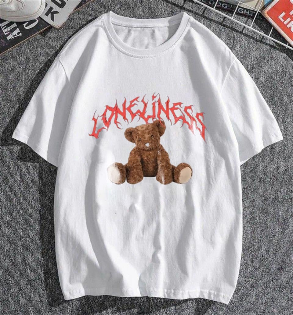 Loneliness Bear Baskılı Beyaz Unisex Oversize T-shirt