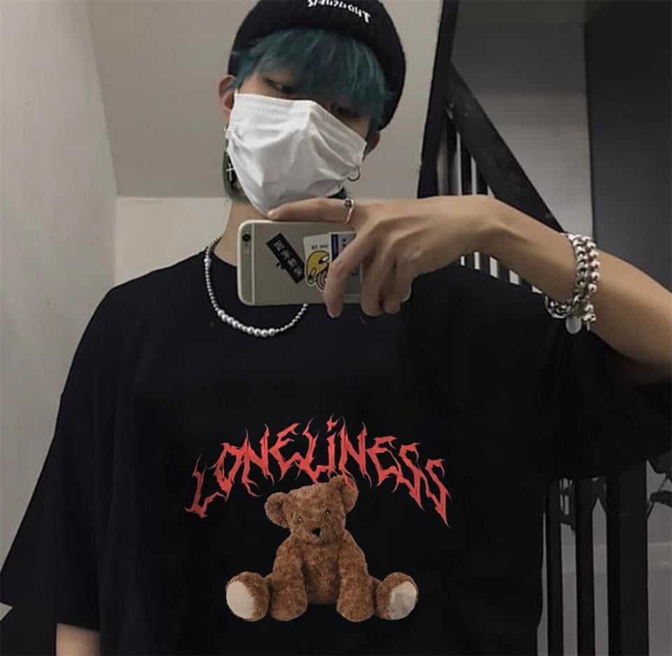 Loneliness Bear Baskılı Siyah Unisex Oversize T-shirt