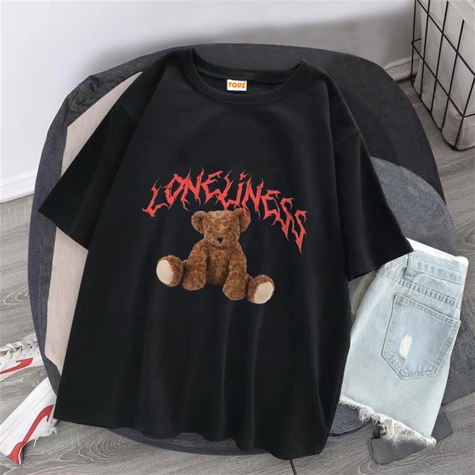 Loneliness Bear Baskılı Siyah Unisex Oversize T-shirt