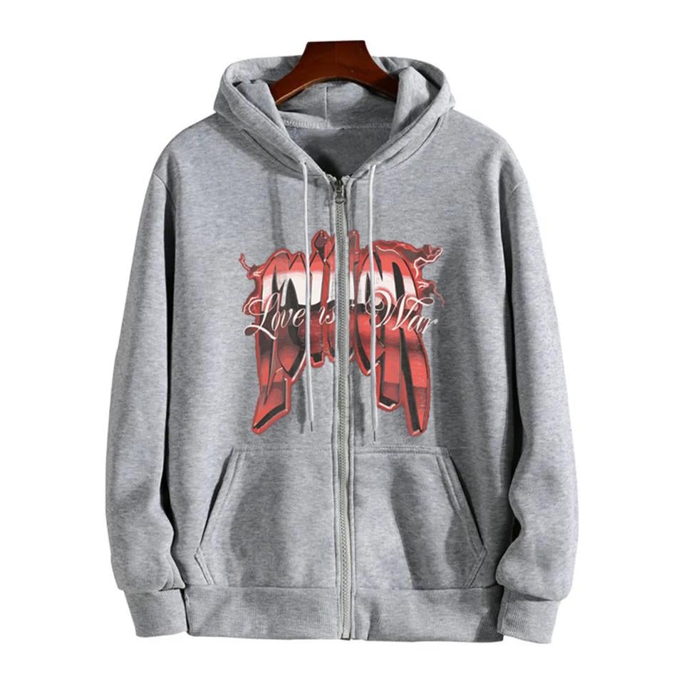Love Is War Baskılı Oversize Fermuarlı Gri Unisex Kapüşonlu Hırka