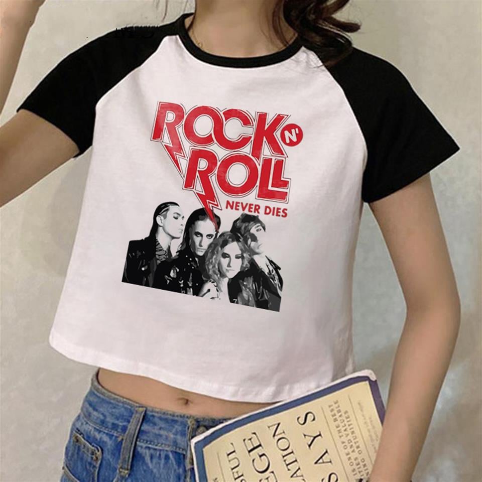 Maneskin Poster Baskılı Reglan Kol Beyaz Crop