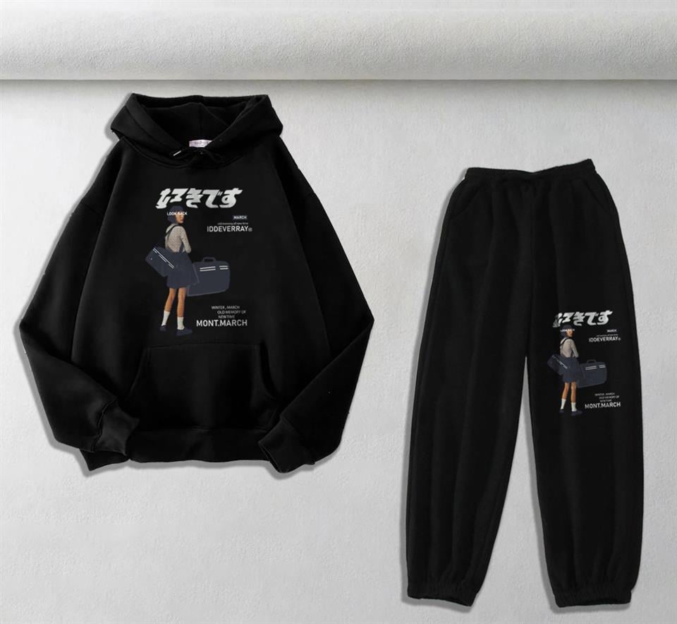 March Iddeverray Baskılı Siyah Oversize Kapüşonlu Sweatshirt & Eşofman Altı Unisex İkili Takım