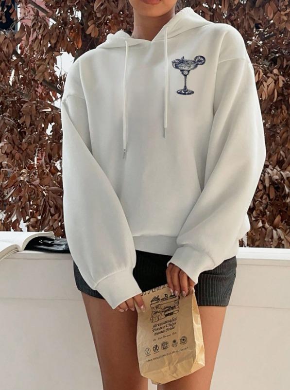 Margarita Baskılı Beyaz Kapşonlu Sweatshirt  Hoodie