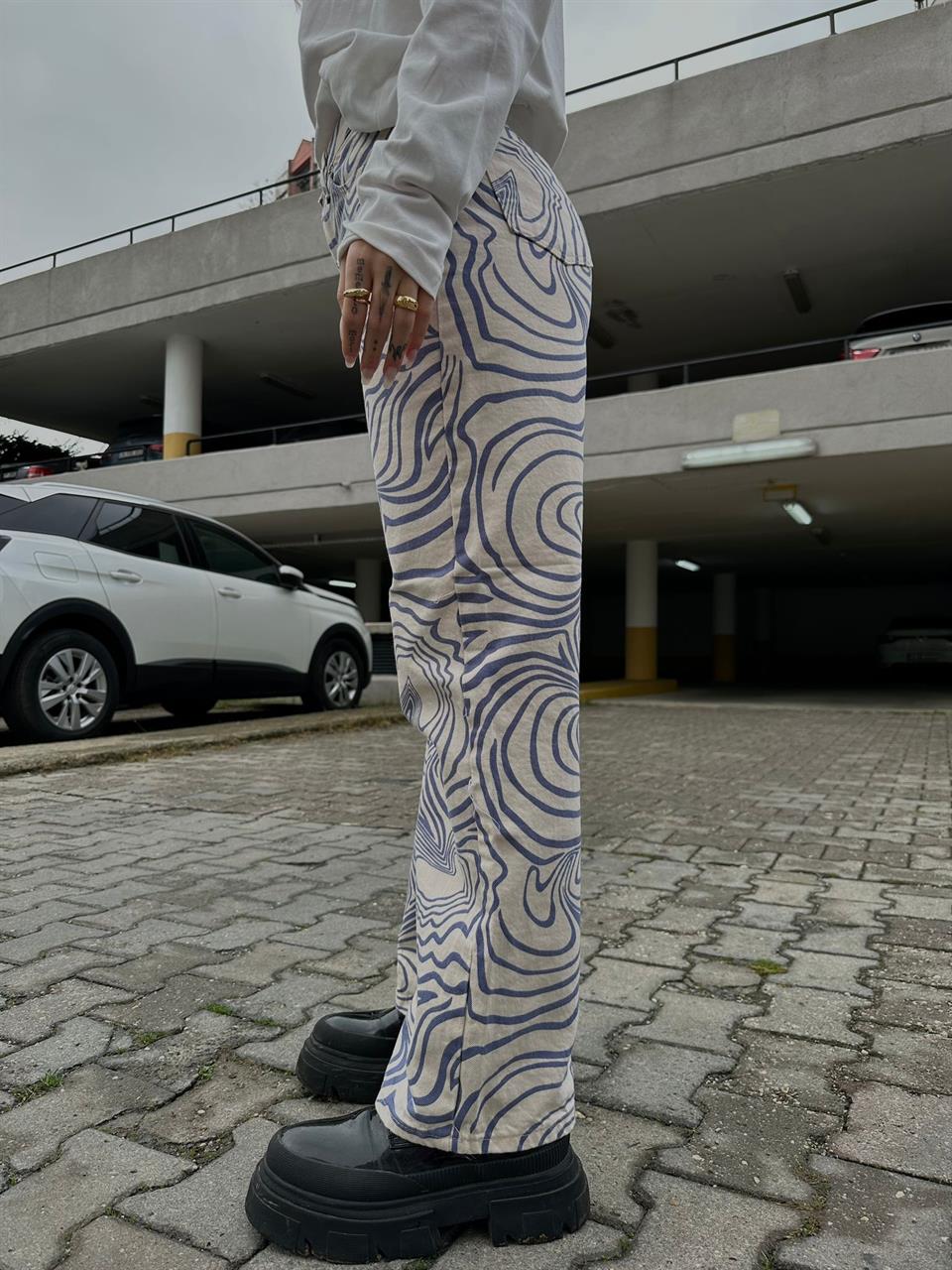 Mavi Beyaz Dalgalı Bol Paça Jean Palazzo Wide Leg Kot Pantolon