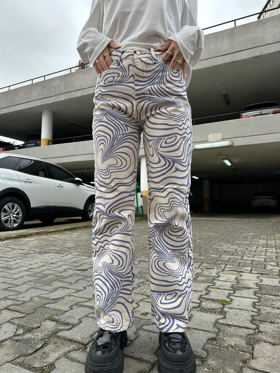 Mavi Beyaz Dalgalı Bol Paça Jean Palazzo Wide Leg Kot Pantolon