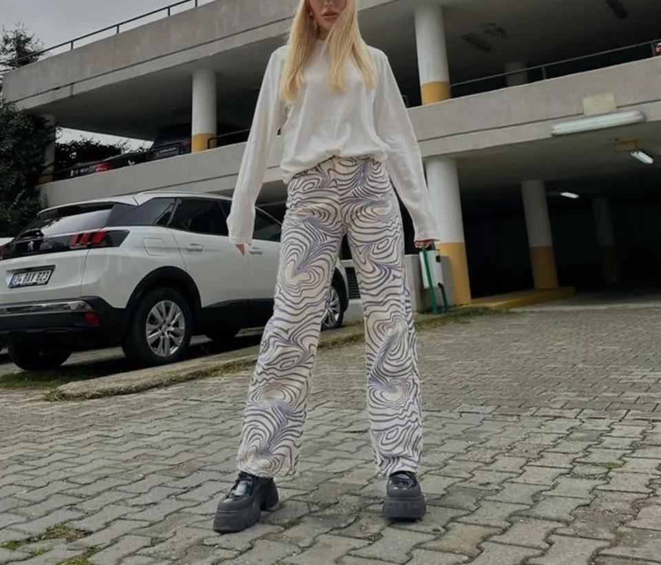 Mavi Beyaz Dalgalı Bol Paça Jean Palazzo Wide Leg Kot Pantolon
