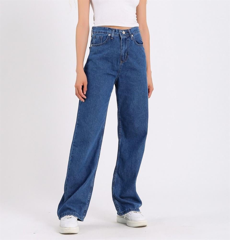 Mavi Bol Paça Jean Palazzo Wide Leg Kot Pantolon