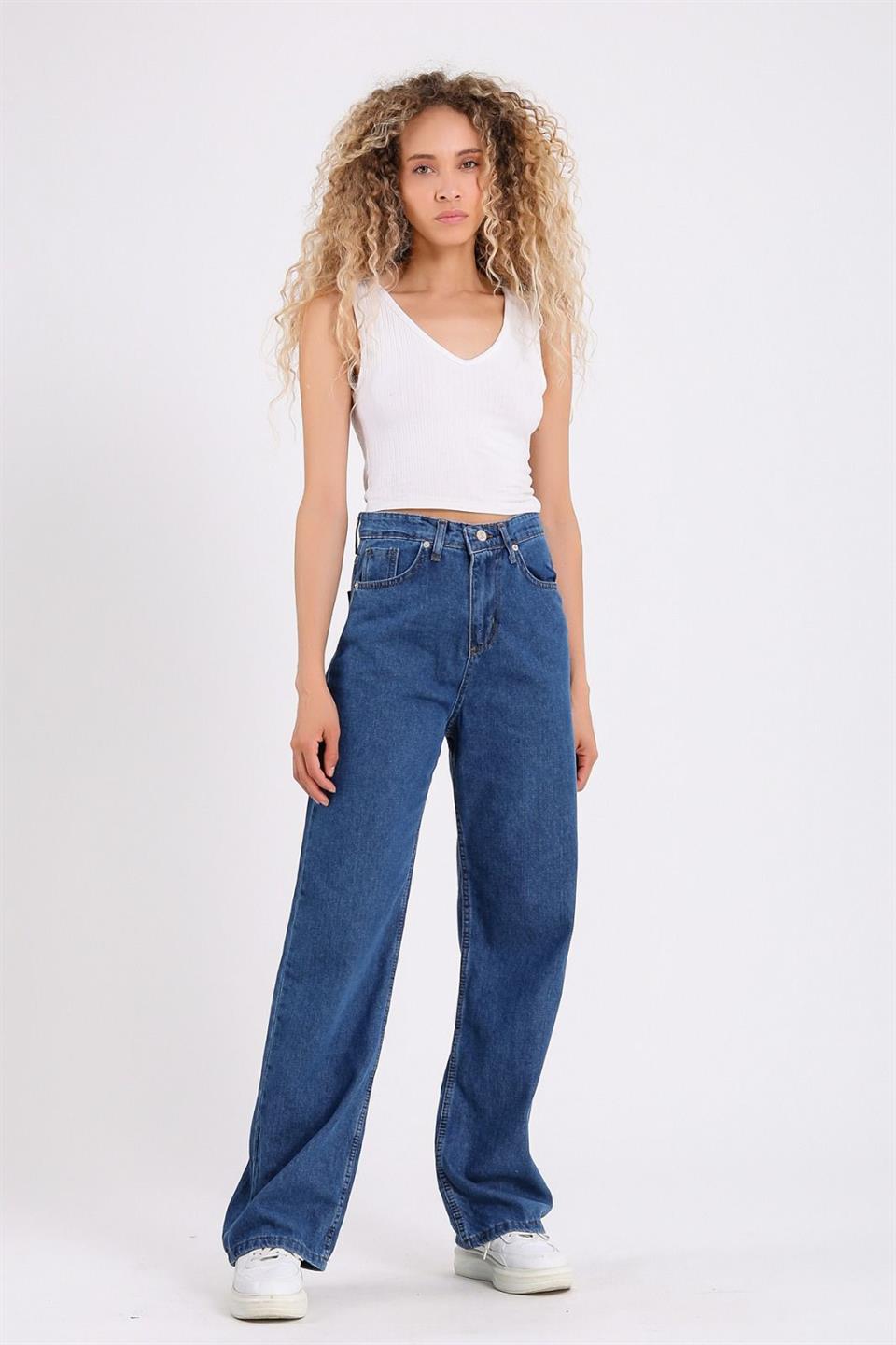 Mavi Bol Paça Jean Palazzo Wide Leg Kot Pantolon