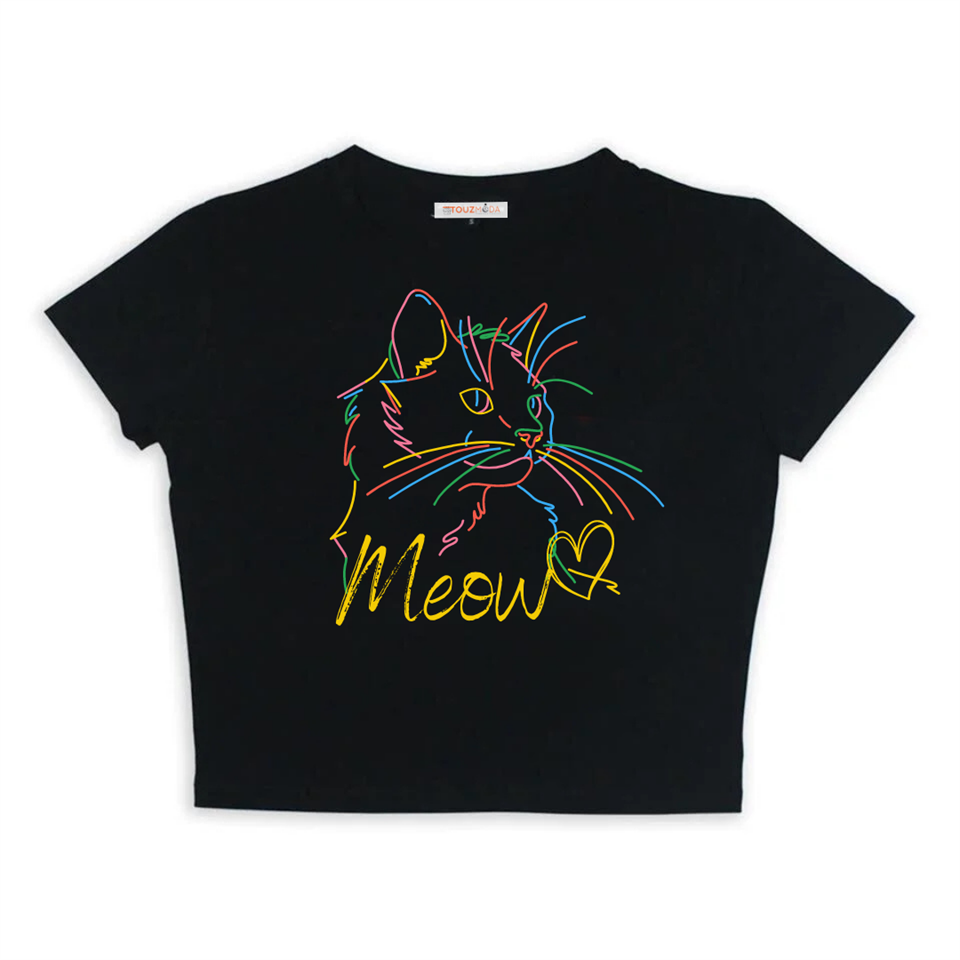Meow Cat Baskılı Siyah Crop