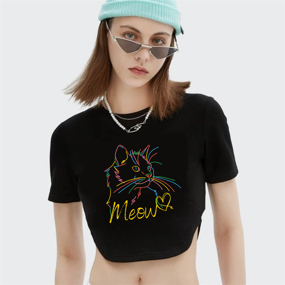 Meow Cat Baskılı Siyah Crop