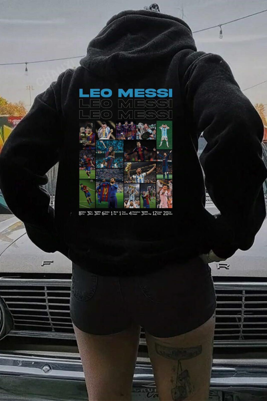 Messi Baskılı Siyah Kapşonlu Sweatshirt 