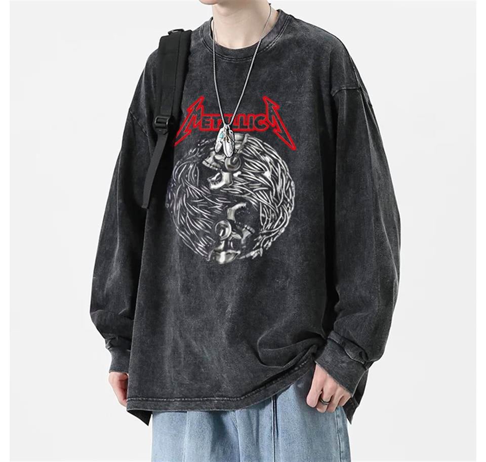 Metalliaca Baskılı Yıkamalı Vintage Unisex Oversize Bisiklet Yaka Sweatshirt