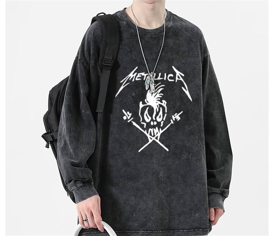 Metalliaca Skull Baskılı Yıkamalı Vintage Unisex Oversize Bisiklet Yaka Sweatshirt