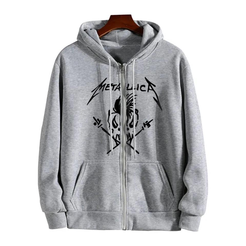 Metallica Skull Baskılı Oversize Fermuarlı Gri Unisex Kapüşonlu Hırka
