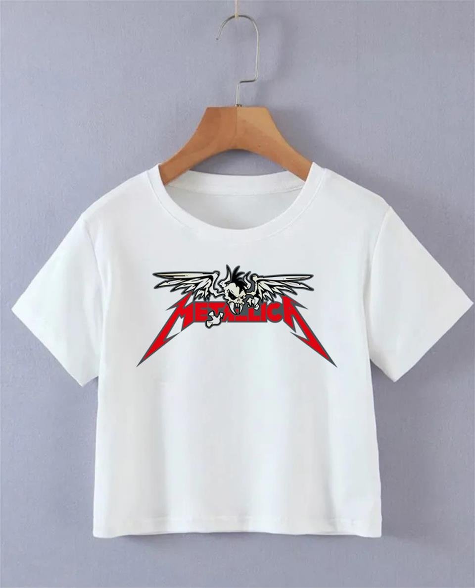 Metallica Winged Skull Baskılı Siyah Crop