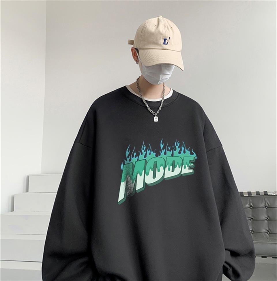 Mode Baskılı Siyah Unisex Oversize Bisiklet Yaka Sweatshirt