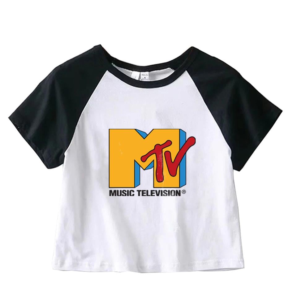 Music Television Baskılı Reglan Kol Beyaz Crop