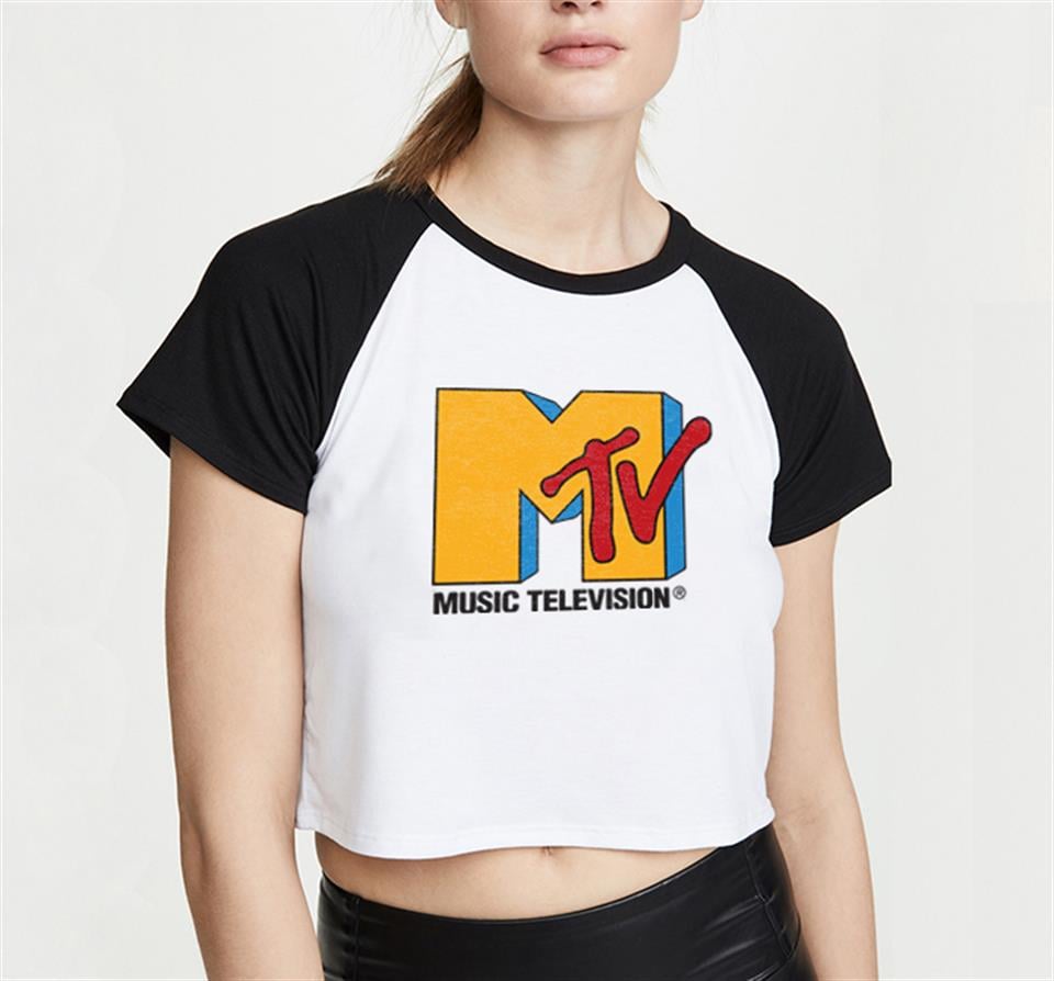 Music Television Baskılı Reglan Kol Beyaz Crop