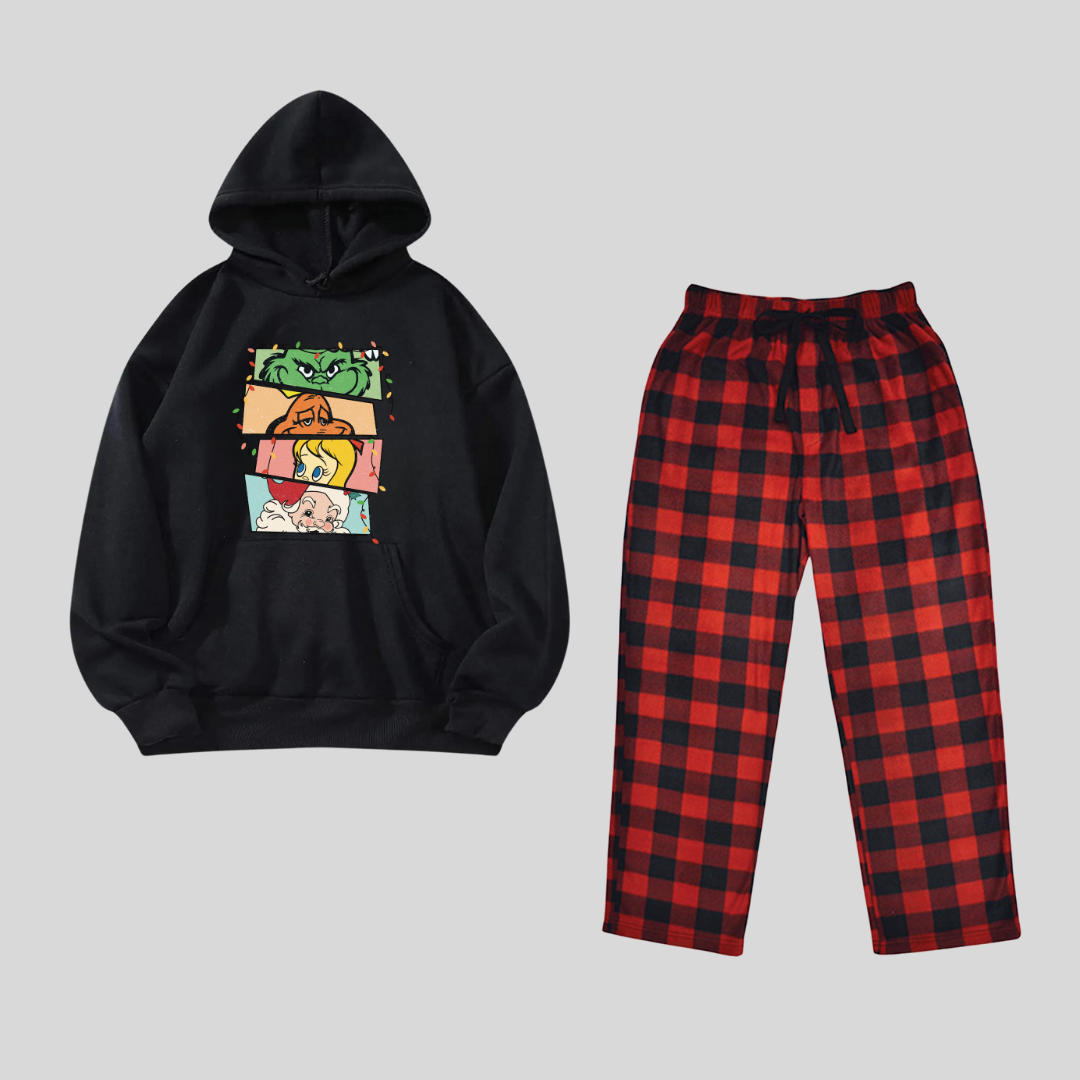 New Year Grinch Face Baskılı Siyah Unisex Oversize Alt Üst 2 Li Takım
