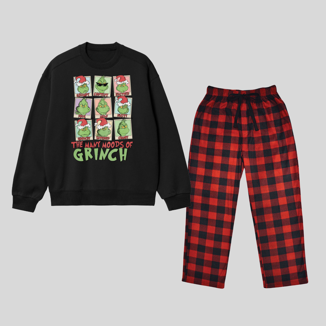 New Year Grinch Kolaj Baskılı Siyah Unisex Oversize Alt Üst 2 Li Takım
