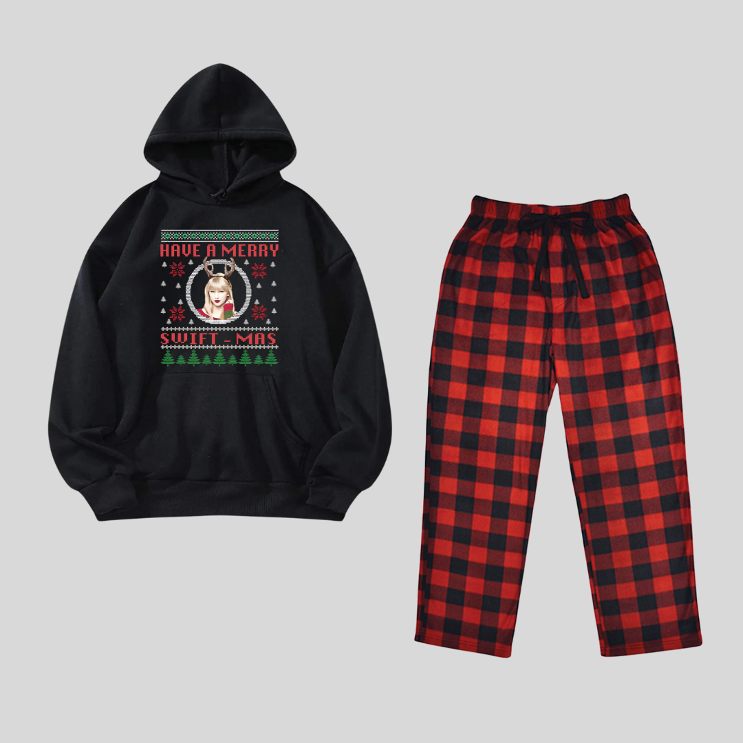 New Year Have a Merry Baskılı Siyah Unisex Oversize Alt Üst  Kapşonlu 2 Li Takım