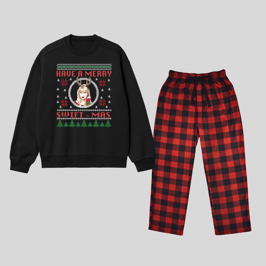 New Year Have a Merry Baskılı Siyah Unisex Oversize Alt Üst 2 Li Takım
