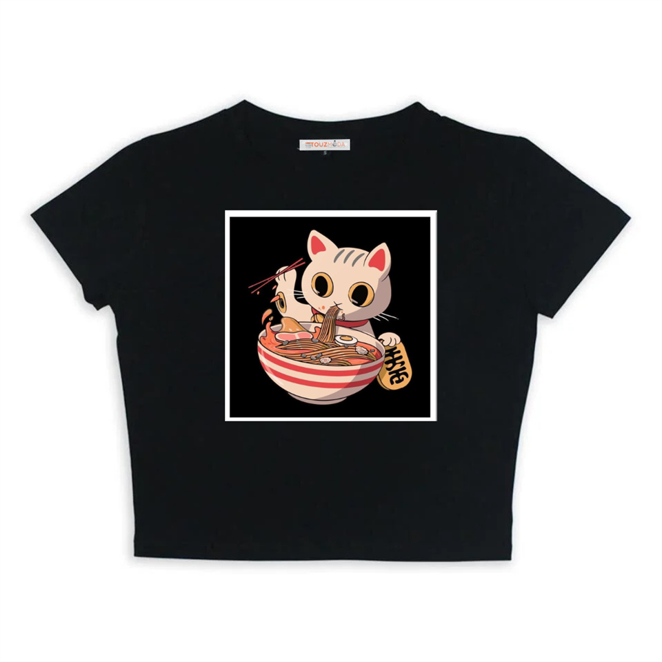 Noodle Cat Baskılı Siyah Crop