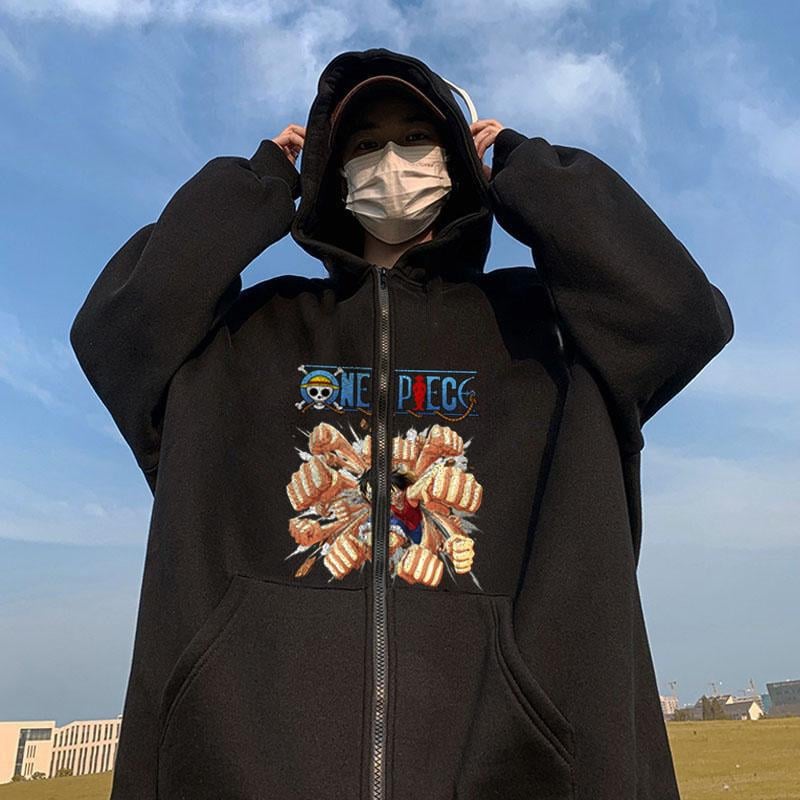 One Piece Punches Baskılı Oversize Fermuarlı Siyah Unisex Kapüşonlu Hırka