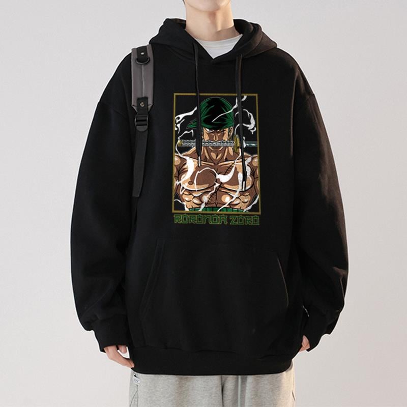 One Piece Roronoa Zoro Baskılı Siyah Unisex Oversize Kapüşonlu Sweatshirt