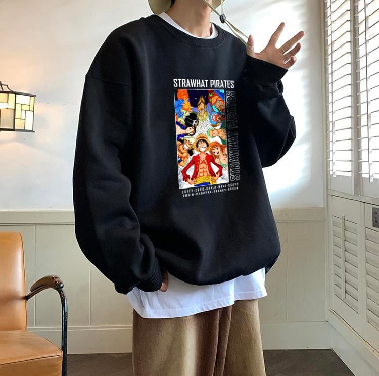 One Piece Strawhat Pirates Baskılı Siyah Unisex Oversize Bisiklet Yaka Sweatshirt