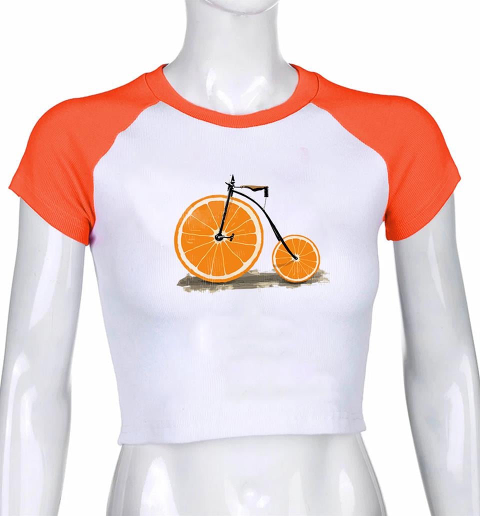 Orange Bike Baskılı Reglan Kol Beyaz Crop
