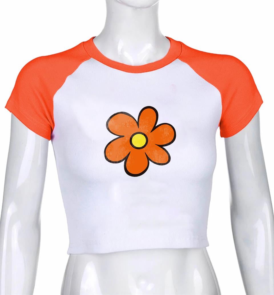 Orange Flower Baskılı Reglan Kol Beyaz Crop