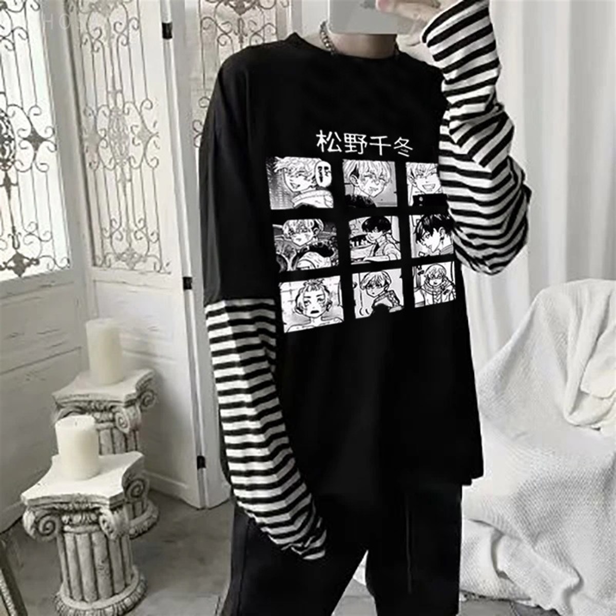 Oversize Anime Tokyo Revenger Uzun Kollu Kolaj Siyah T-shirt