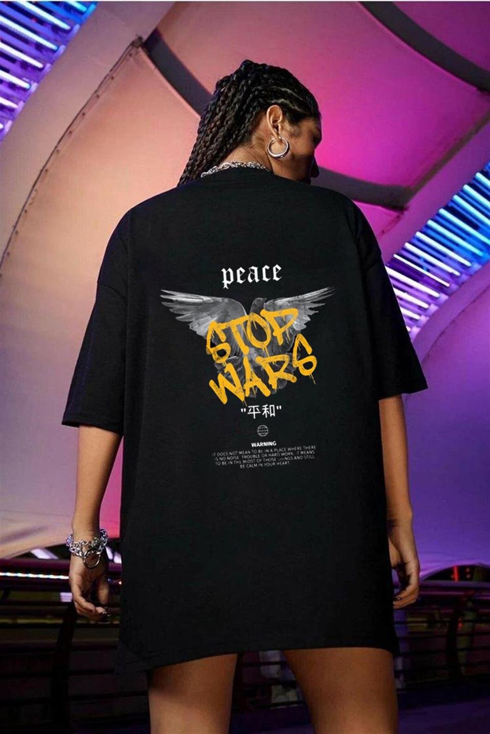 Peace Sırt Baskılı Siyah Unisex Oversize T-shirt