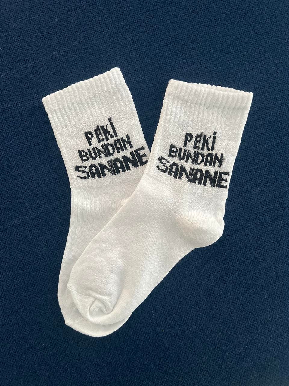 'Peki Bundan Sanane' Unisex Beyaz Kolej Çorap