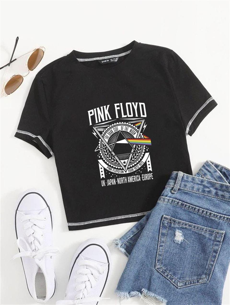 Pink Floyd Baskılı Ters Dikiş Siyah Crop