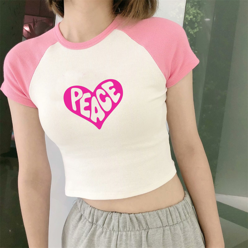 Pink Peace Baskılı Pembe Reglan Kol Beyaz Crop