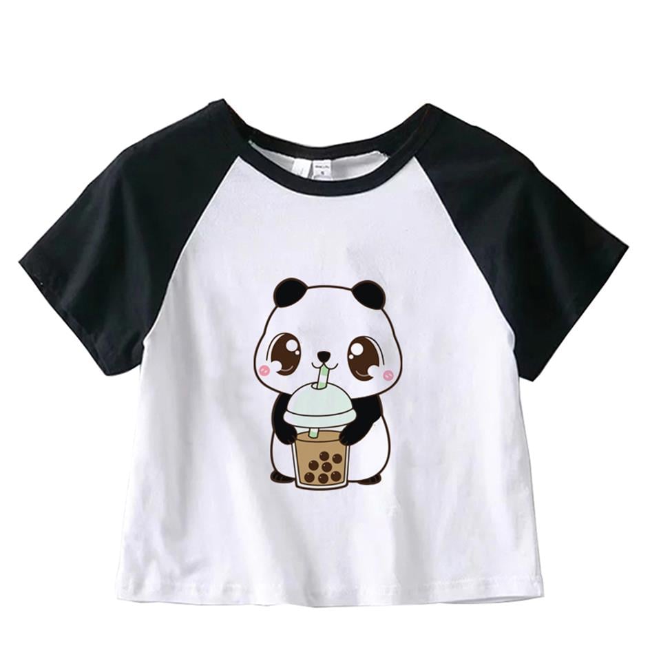 Pretty Panda Baskılı Reglan Kol Beyaz Crop