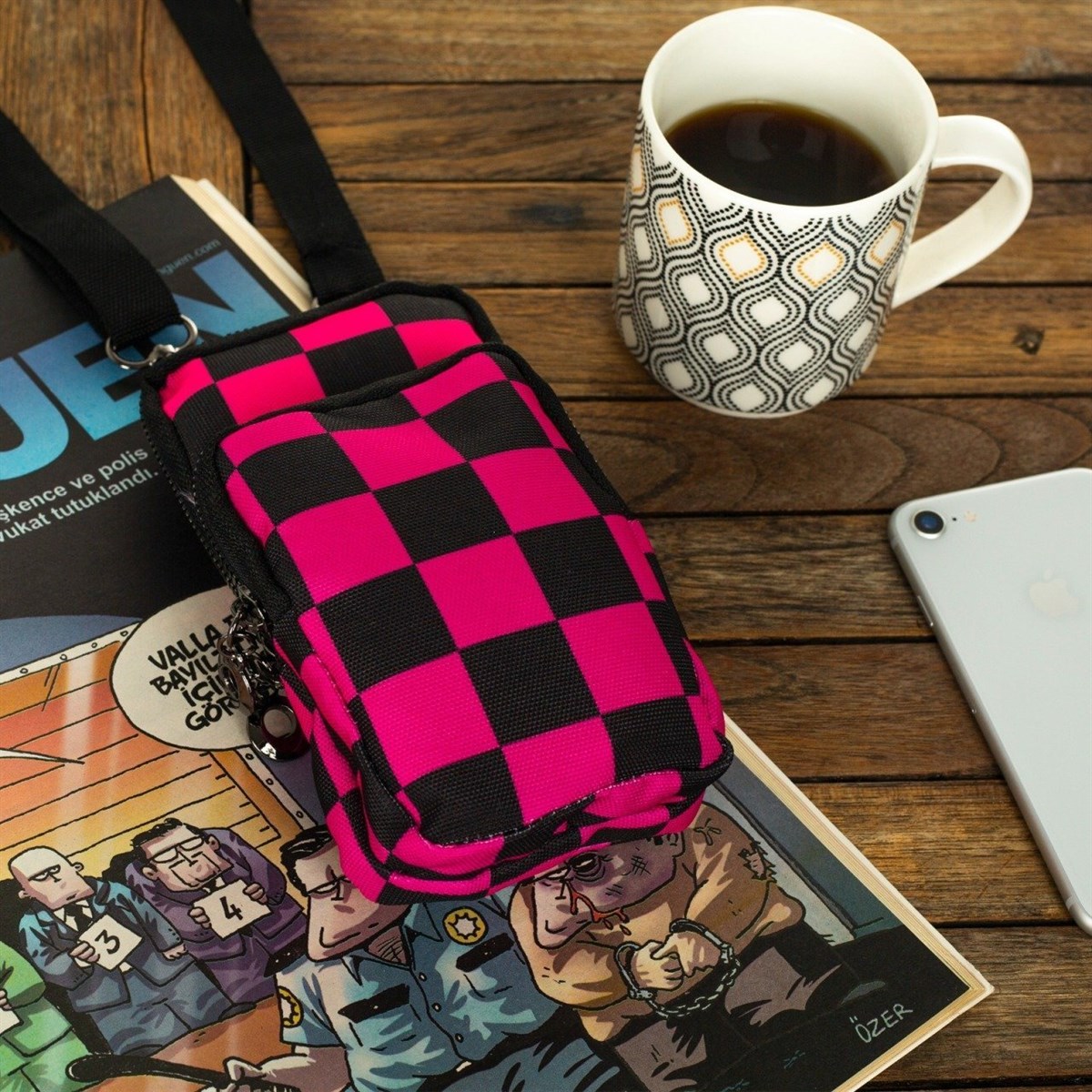 Purple Black Checkers Telefon Çantası