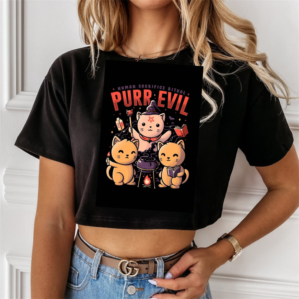 Purr Evil Baskılı Siyah Crop