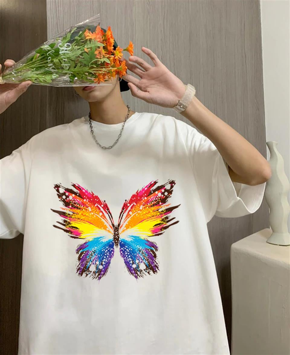 Rainbow Butterfly Baskılı Beyaz Unisex Oversize T-shirt