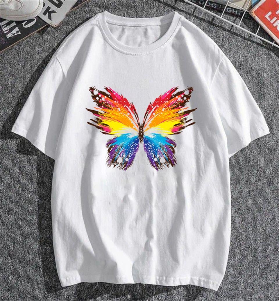 Rainbow Butterfly Baskılı Beyaz Unisex Oversize T-shirt