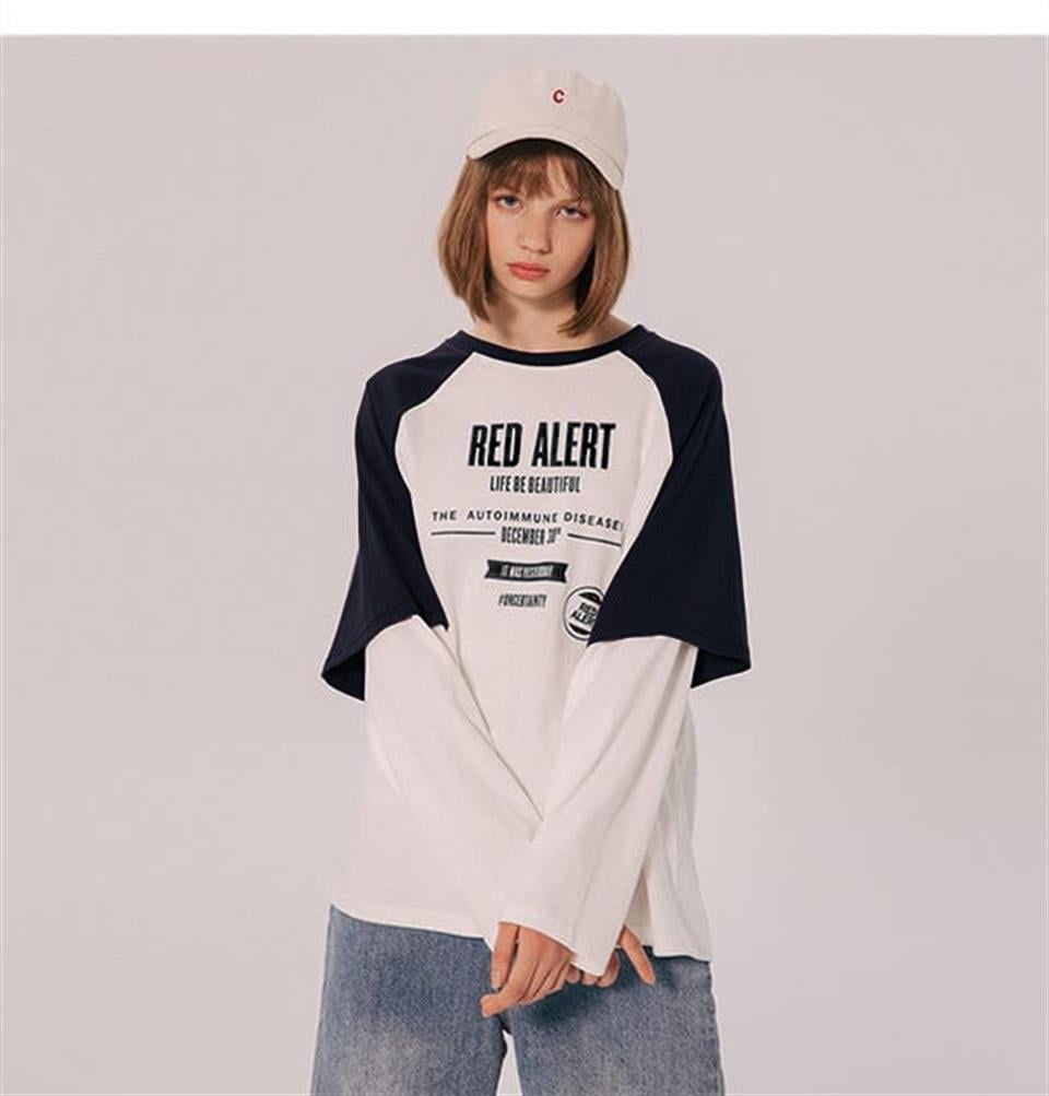 Red Alert Baskılı Fake Sleeves Reglan Kol Unisex Beyaz T-shirt
