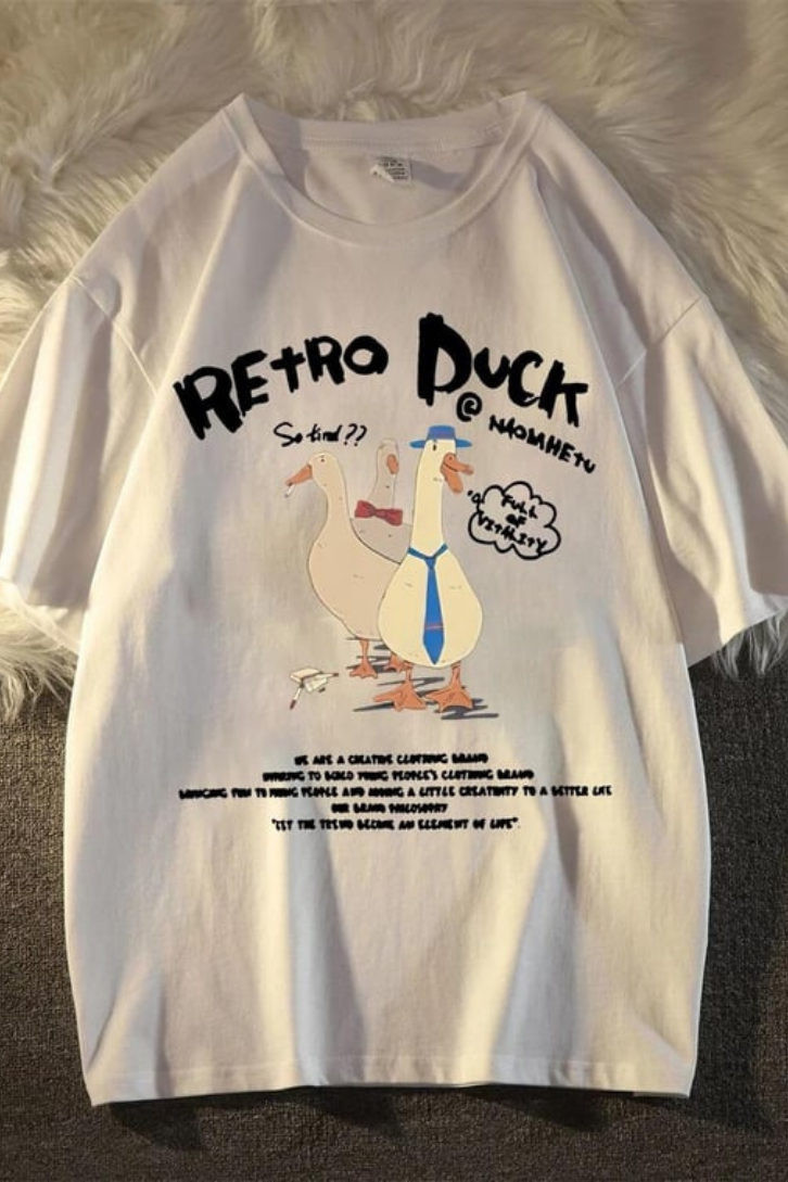Retro Duck Baskılı Unisex Oversize T-shirt