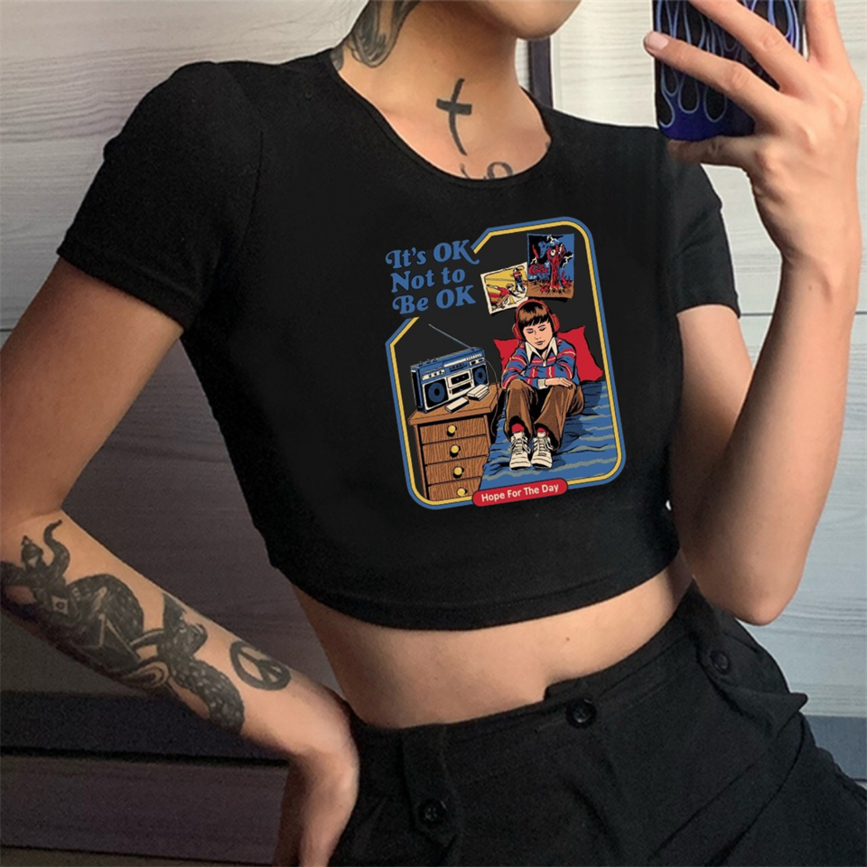 Retro Tarz It's Ok Not To Be ok Baskılı Siyah Crop