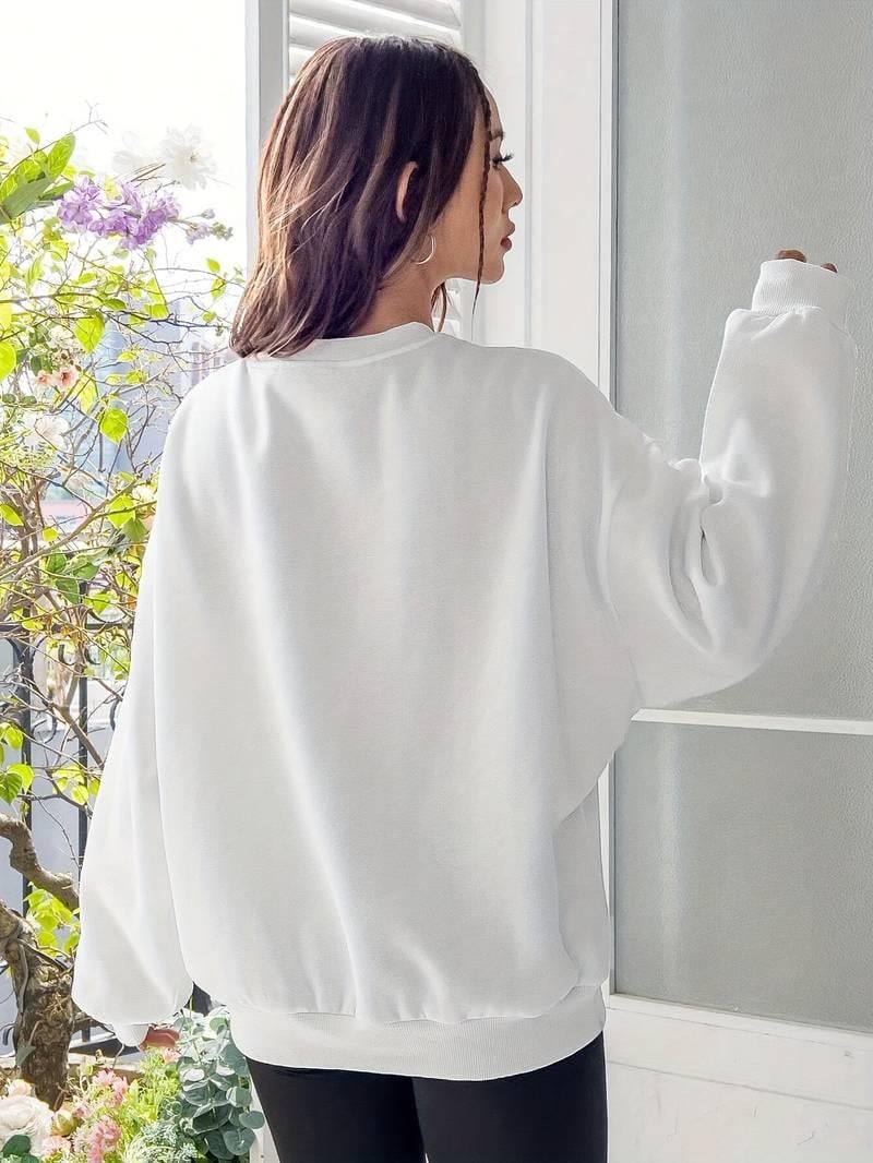 Ribbon Baskılı Beyaz Unisex Oversize Bisiklet Yaka Sweatshirt