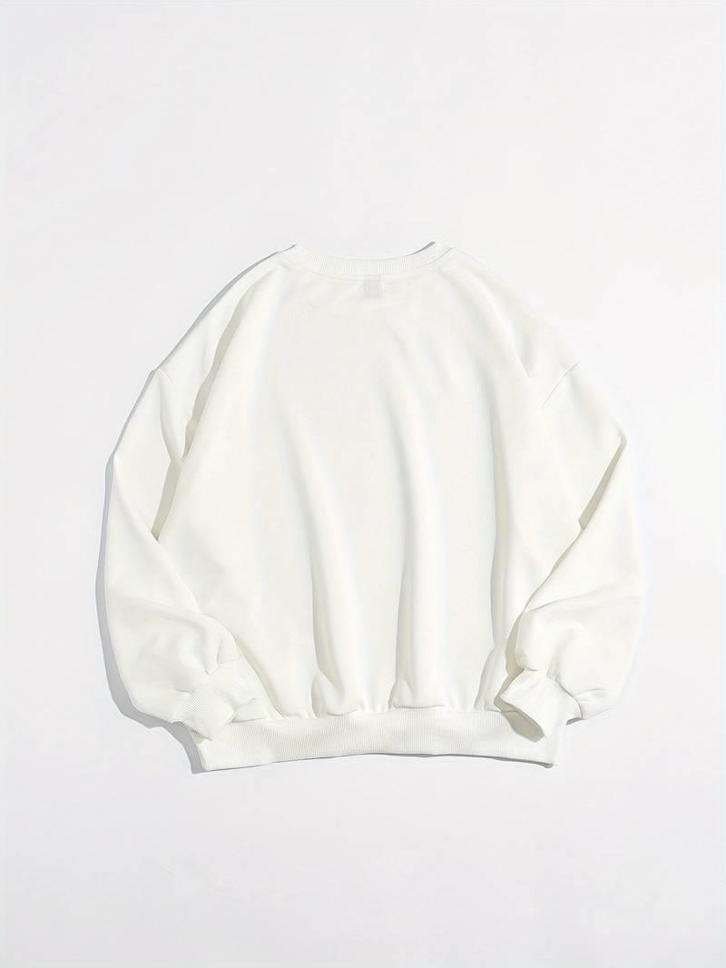 Ribbon Baskılı Beyaz Unisex Oversize Bisiklet Yaka Sweatshirt