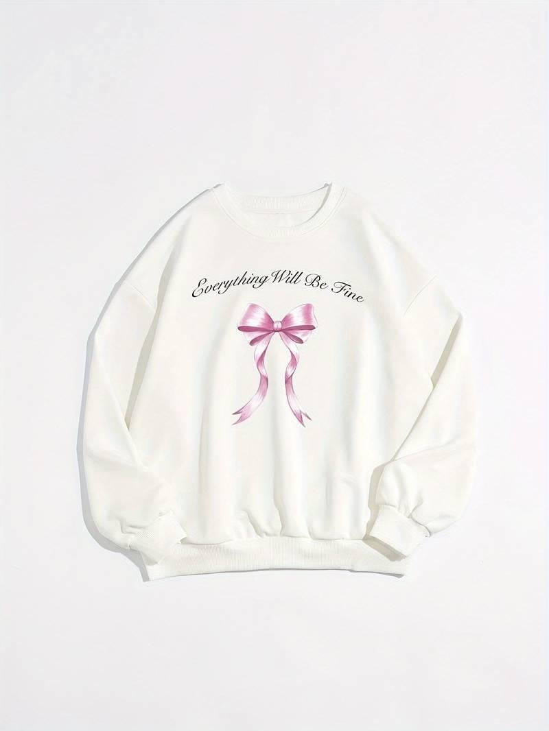 Ribbon Baskılı Beyaz Unisex Oversize Bisiklet Yaka Sweatshirt